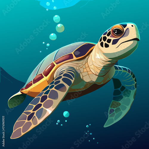 A sea turtle swimming gently underwater with bubbles