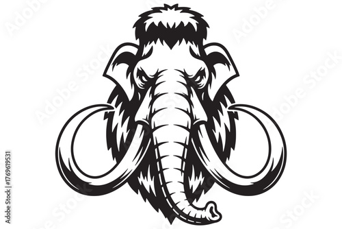 Majestic mammoth head isolated on white background features intricate details of its tusks and fur, embodying the strength and ancient history of this extinct creature vector illustration