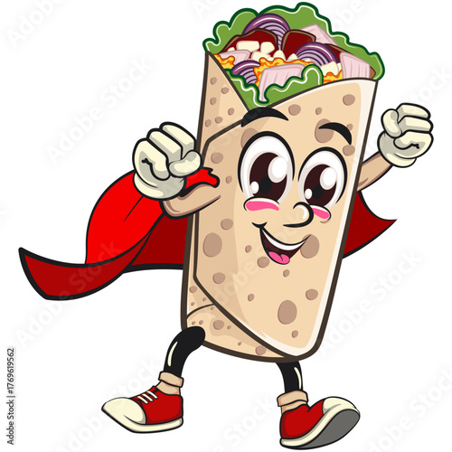 cute burrito mascot cartoon vector illustration mexican wrap character become a flying caped superhero, funny fast food design isolated for logo, menu, and kids concept, work of hand drawn