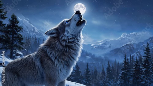 Majestic wolf howling at bright full moon in snowy mountain forest wilderness under starry night