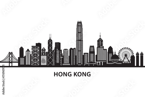 Hong kong city skyline isolated on white background, showcasing iconic buildings and landmarks in a detailed silhouette against a clear sky vector illustration