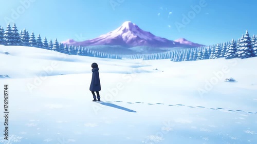 Lonely Figure Standing in Snowy Field with Mountain and Blue Sky