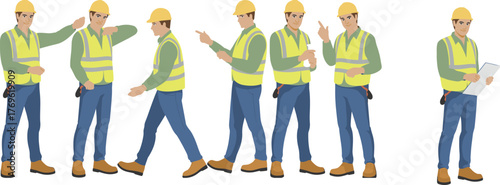 Construction worker in safety gear, hard hat, vest, jeans, boots, gestures, pointing, walking, clipboard, signaling, job site, industrial, labor, occupation, teamwork, communication, manual
