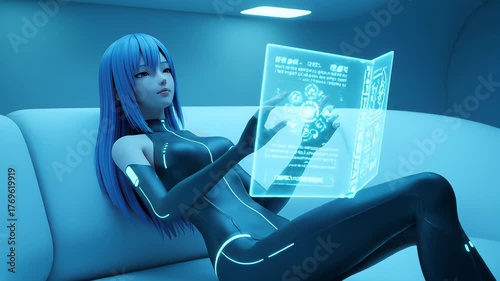Futuristic Cyber Girl Reading Holographic Screen in Sci-Fi Room