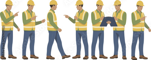 Construction worker in safety gear, inspecting site, pointing, walking, holding clipboard, wearing helmet, vest, boots, jeans, industrial background, supervision