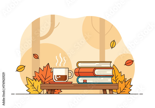 A cozy autumn illustration with a steaming cup of coffee and a stack of books on a wooden bench surrounded by fall leaves and trees.