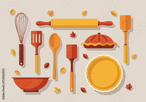 A flat lay image of various baking tools and a pie, perfect for autumn.