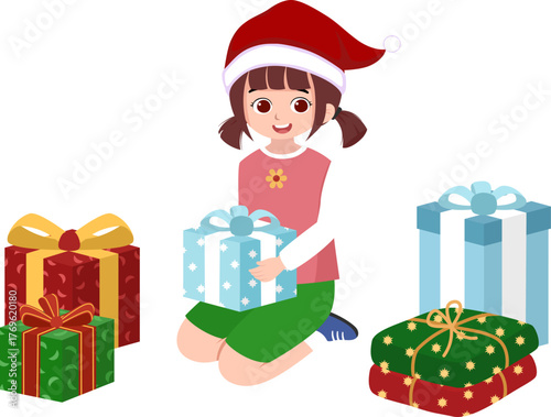 Happy little girl in a Santa hat kneeling and holding a beautifully wrapped Christmas present, suitable for holiday cards, posters, and design elements.