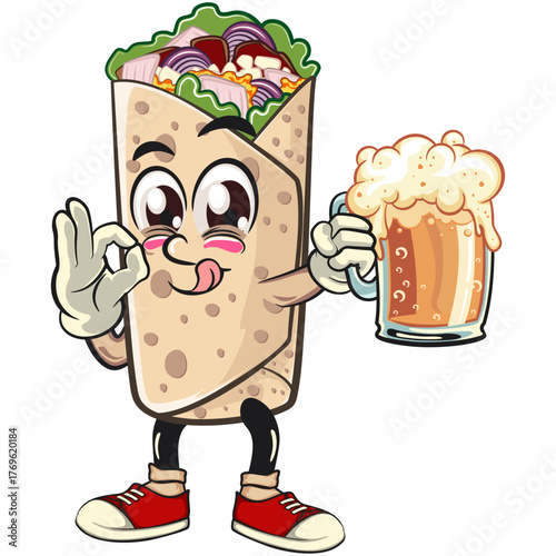 cute burrito mascot cartoon vector illustration mexican wrap character raising a large beer glass while giving a thumbs up, funny design isolated for logo, menu, and kids concept, work of hand drawn