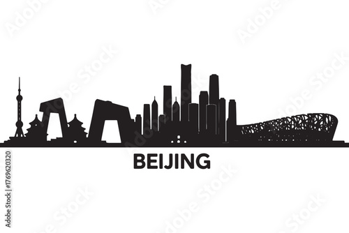Beijing skyline silhouette isolated on white background, featuring iconic landmarks and modern architecture against a clear sky vector illustration