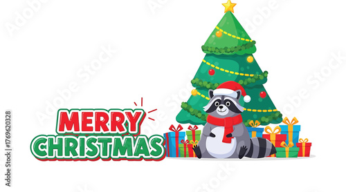 Festive raccoon in santa hat and scarf sitting by christmas tree with gifts, wishing merry christmas holiday greeting card with cute animal character