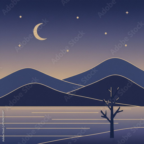 Celestial Serenity: An idyllic scene unfolds under the cloak of night. Crescent moon casts a gentle light over rolling hills, creating a tranquil waterscape. This artwork celebrates the peace of dusk.