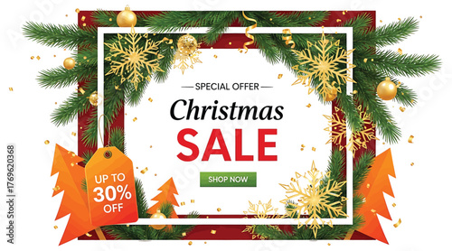 A vibrant christmas sale banner featuring a decorative frame of pine branches, golden ornaments, and snowflakes, with a special offer of up to 30 off