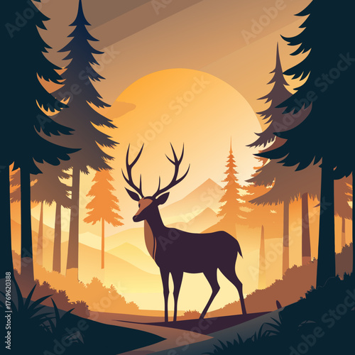 Deer standing in forest clearing during sunset