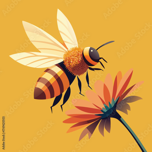 A bee hovering near a flower with yellow background