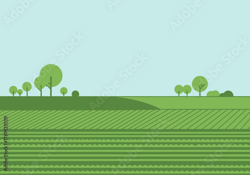 A minimalist vector illustration of a rural landscape with green agricultural fields and rolling hills.