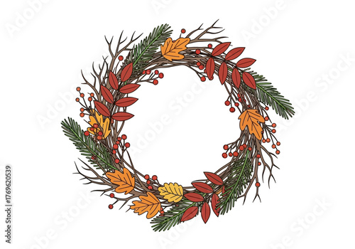 A detailed illustration of a circular wreath composed of autumn leaves and branches.