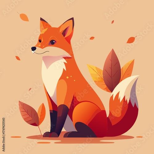 A cute red fox sitting calmly with autumn leaves