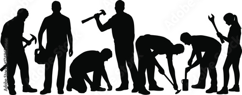 Construction workers silhouette, manual labor tools, industrial workforce, hammer action, wrench posture, shovel digging, teamwork, tradespeople, job site, hard work