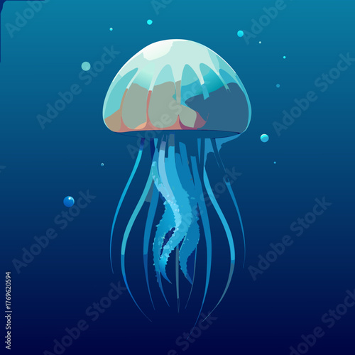 A glowing jellyfish swimming peacefully in deep blue water