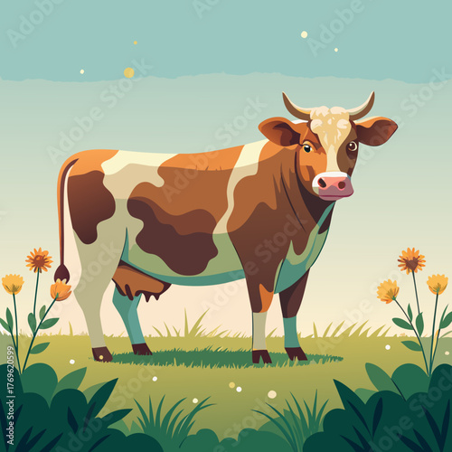 A happy cow standing in a grassy field with flowers