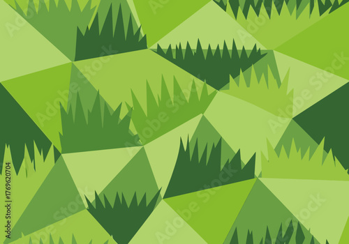 Abstract seamless background with a geometric pattern of green triangles and grass.