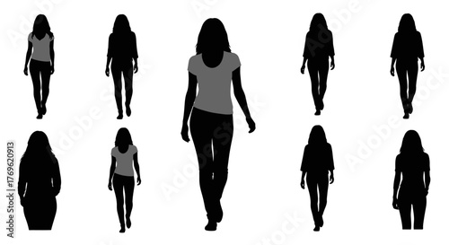 Silhouettes of women walking forward in a simple black and white design