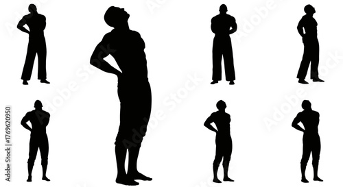 Silhouettes of muscular men in various standing and poses