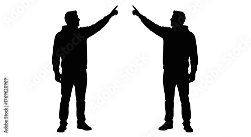Two men mirroring each other with raised index fingers in silhouette