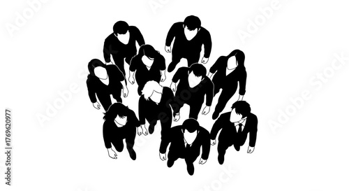 Silhouettes of people in business attire walking together in a crowd