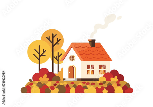 Illustration of a cozy house with autumn trees and bushes, smoke coming from the chimney.