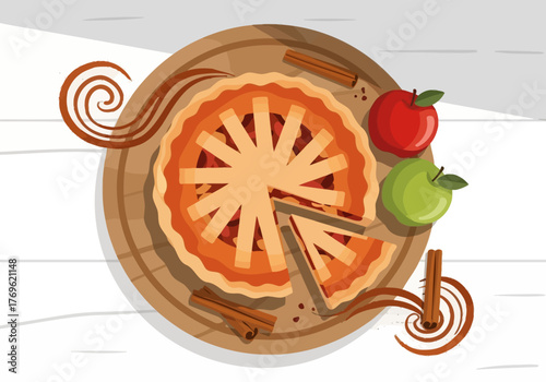 Top-down view of a delicious apple pie with a slice cut out, served on a wooden board with fresh apples and cinnamon sticks.
