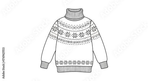 A black and white illustration of a cozy knitted winter sweater design