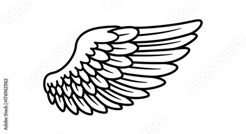 Simple black and white drawing of a single feathered wing isolated on white