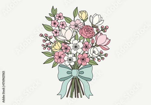 A beautiful illustration of a bouquet of assorted flowers tied with a light blue bow.