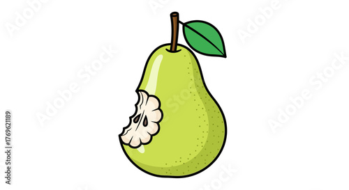 A simple cartoon illustration of a partially eaten green pear