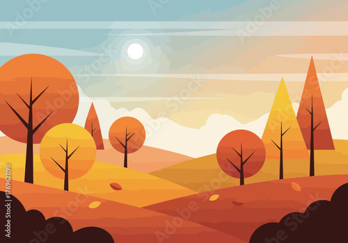 An idyllic autumn landscape featuring rolling hills, trees with vibrant orange foliage, and a bright sun.