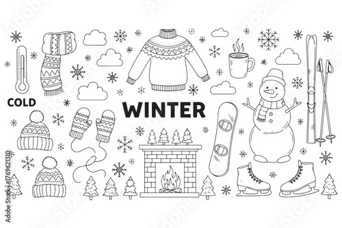 Winter doodles isolated on white background a delightful collection of cozy elements for the chilly season, perfect for adding warmth to your designs vector illustration