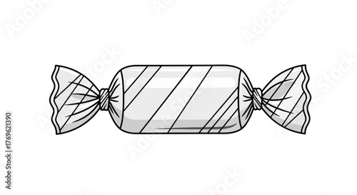 Black and white illustration of a wrapped rectangular candy with twisted ends