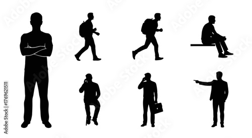 Collection of minimalist black silhouettes depicting various human poses and actions