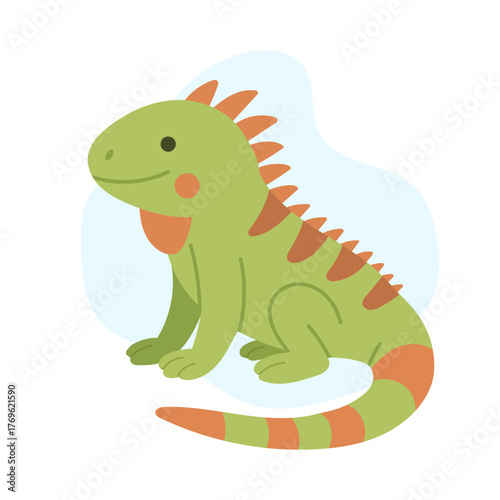 green iguana sitting with spiky back, cheerful cartoongreen iguana on soft blue backdrop, tropical foliage hints,, playful expression ideal for nursery and sticker designs