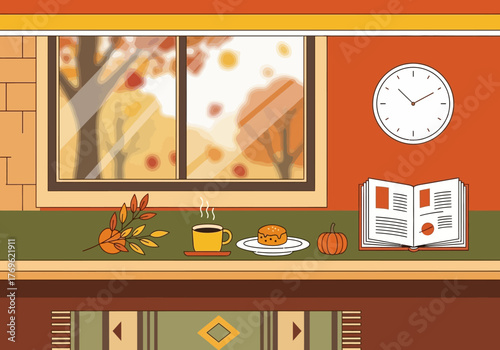 Autumnal Still Life Cozy Scene with Mooncake, Coffee, and Open Book