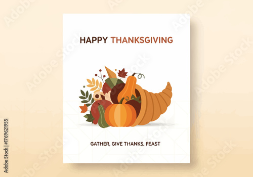 Happy Thanksgiving greeting card with cornucopia and autumn harvest elements, celebrating the spirit of gratitude and feasting