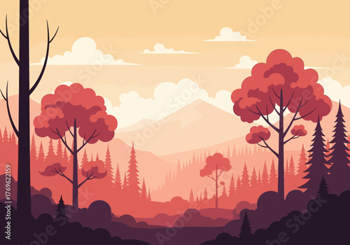 Vibrant Red and Orange Hues Paint a Serene Forest Landscape with Majestic Trees and Distant Mountains Under a Gradient Sky