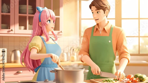 Anime Couple Cooking Together in Warm Sunlit Kitchen Interior