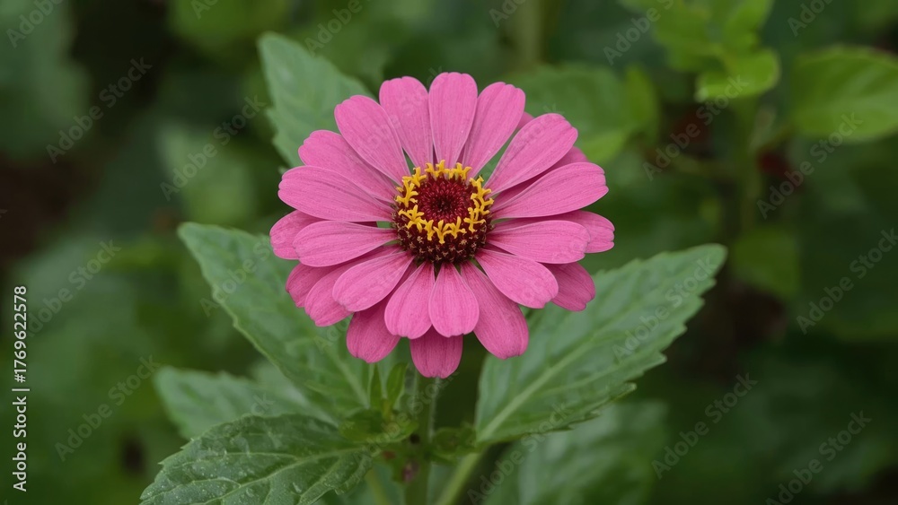 Obraz premium Pink blossom of Common zinnia (Zinnia elegans) isolated against a garden background, flower, summer, nature, leaf, floral, beauty, garden, green