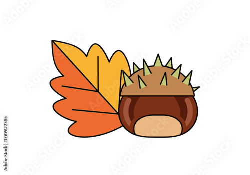 Illustration of a chestnut with a spiky shell and an autumn leaf.