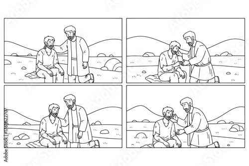 A compassionate figure tends to another in a desolate landscape, offering solace and support isolated on white background vector illustration