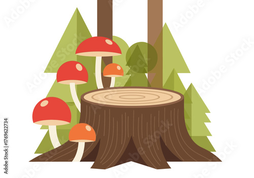 Forest stump with mushrooms and pine trees in a flat design illustration