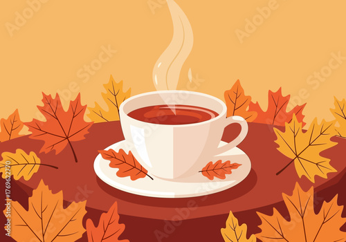 A steaming cup of hot tea on a white saucer surrounded by vibrant orange and yellow autumn leaves, set against a warm fall background.
